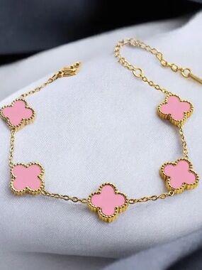 Pink Clover Charm Bracelet - Gold Stainless Steel Tone Women's Jewelry